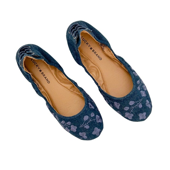 Lucky Brand Shoes - Lucky Brand Echo 2 Blue Denim Floral Print Embroidered Lace Up Back Ballet Flats